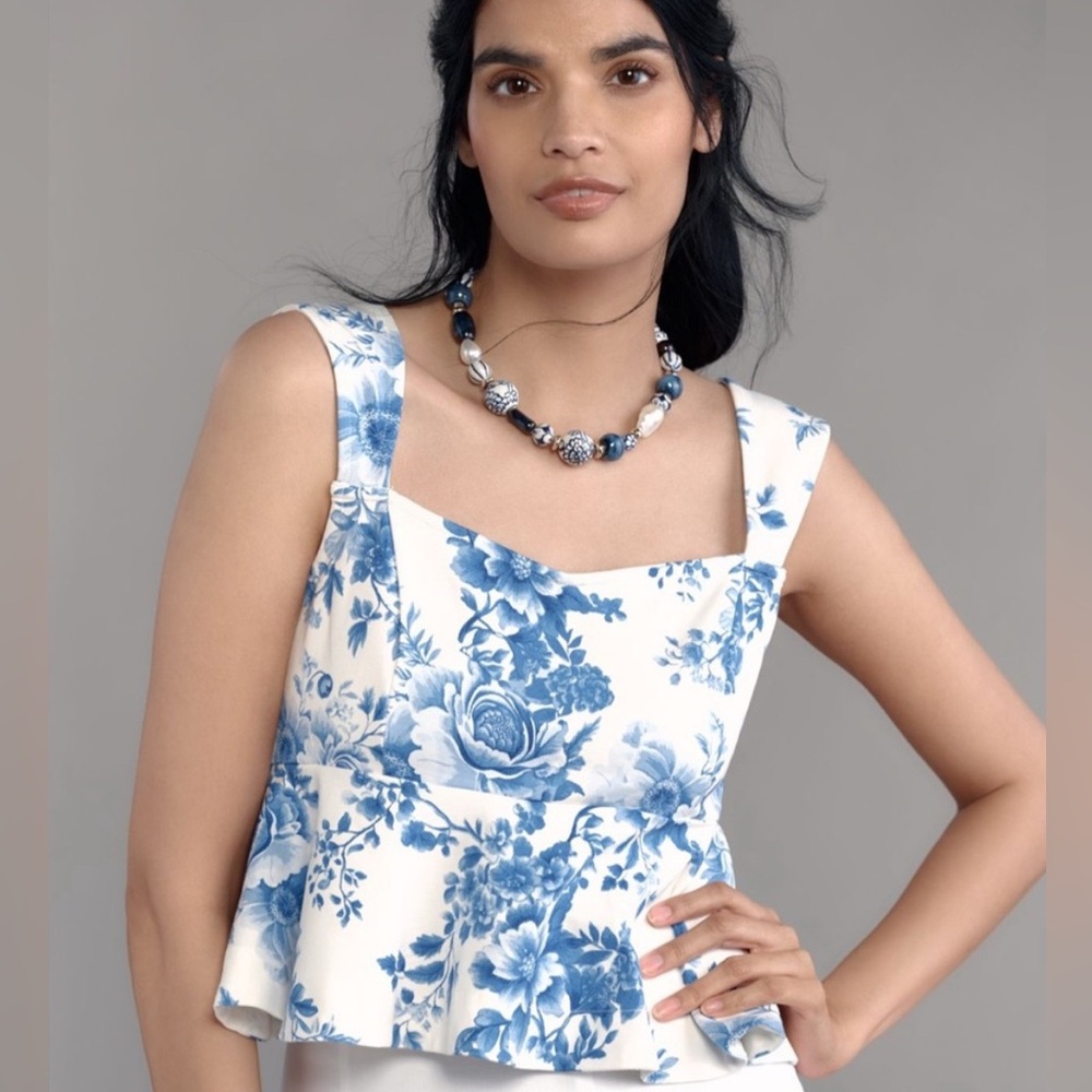 Anthropologie: Maeve NWT Floral Blue and White Peplum Top Size Medium